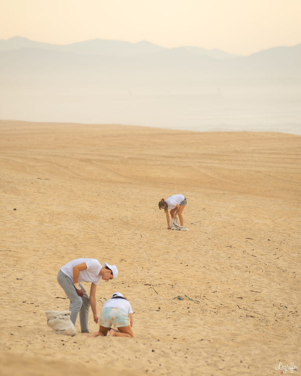 Benevoles ramassant des dechets sur une immense plage